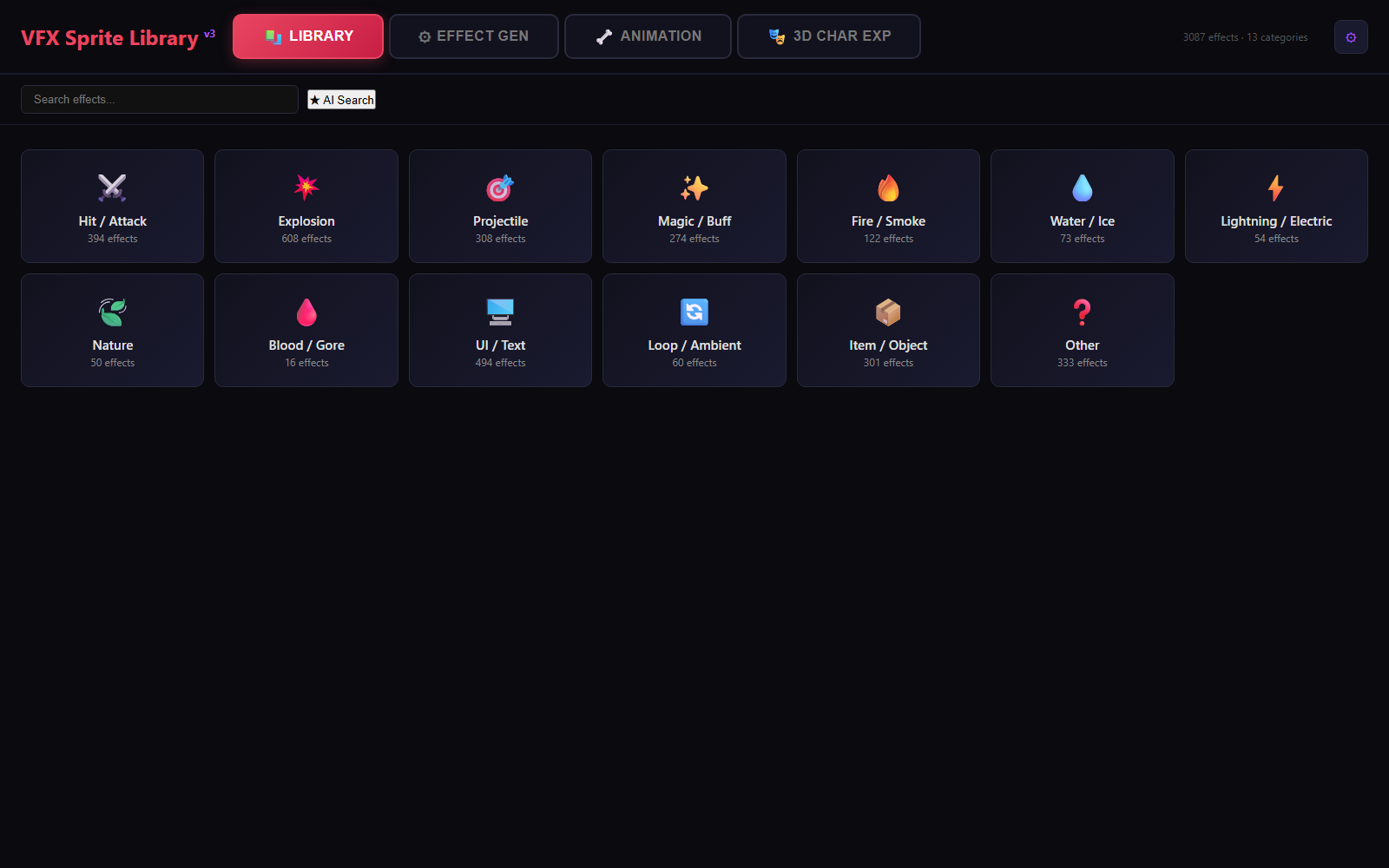 VFX Library v3 category screen